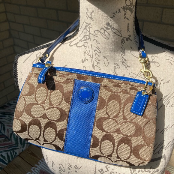 Coach Signature Logo Khaki Tan Large Wristlet Blue Sporty Stripe Gold Hardware - Picture 1 of 17